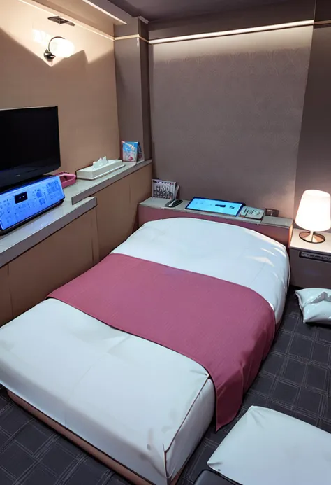 masterpiece, best quality, very aesthetic, absurdres,
lovehotel, LHbedpanel, scenery, bed, indoors, lamp, couch, table, rug, bedroom, television, pillow, phone, tissue box, box, night,
<lora:LOVEHOTEL_SDXL_V4:1>