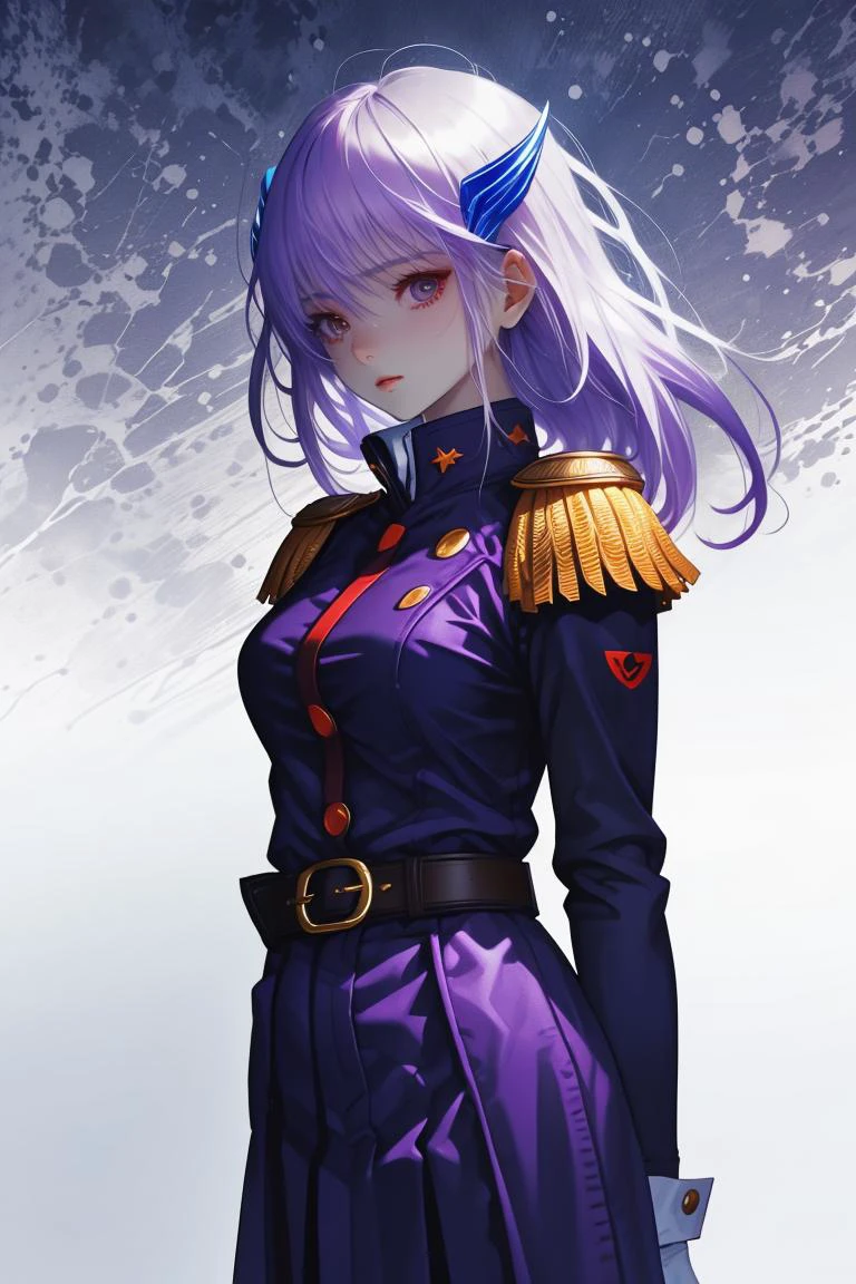 (Trustworthy Vector image:1.3) of (Illustration:1.3) a photo of a woman, <lora:CHAR-KyoukaUzenV2:0.8> KyoukaUzen, hair ornament, military uniform, white gloves, epaulettes, belt, pleated skirt, black skirt, thigh boots,(Flat style:1.3),Illustration,Behance,(Purple hue:1.3),(close portrait:1.3),(Feminine:1.4),(beautiful:1.4),(attractive:1.3),handsome,calendar pose,perfectly detailed eyes,studio lighting,thematic background, <lora:LCM_LoRA_Weights_SD15:1>