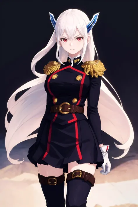 best quality, 1girl, <lora:CHAR-KyoukaUzenV2:1>, KyoukaUzen, hair ornament, military uniform, white gloves, epaulettes, belt, pleated skirt, black skirt, thigh boots