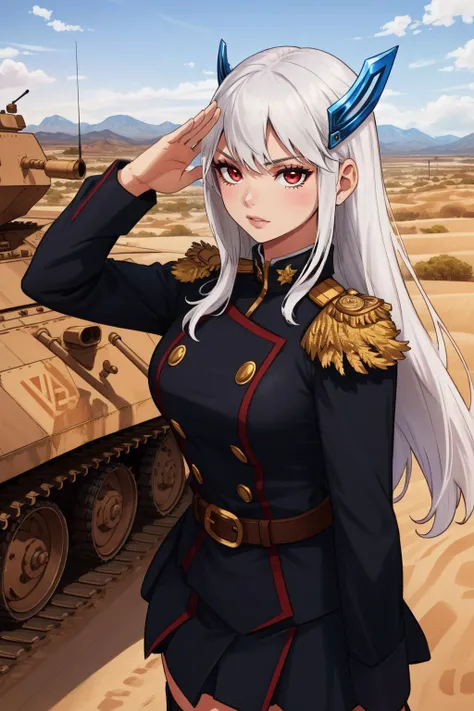(masterpiece, best quality), intricate details,
1girl, <lora:CHAR-KyoukaUzenV2:0.8> KyoukaUzen, white hair, red eyes, hair ornament,
military uniform, epaulettes, belt, pleated skirt, black skirt, thigh boots,
salute, outdoors, desert, military, tanks, military vehicles, combat zone, military base,