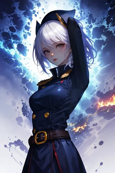 (Clever Photo:1.3) of (Simple illustration:1.3) a photo of a woman, <lora:CHAR-KyoukaUzenV2:0.8> KyoukaUzen, hair ornament, military uniform, white gloves, epaulettes, belt, pleated skirt, black skirt, thigh boots,Highly Detailed,(Electric Colors:1.3),(close portrait:1.3),(Feminine:1.4),(beautiful:1.4),(attractive:1.3),handsome,calendar pose,perfectly detailed eyes,studio lighting,thematic background, <lora:LCM_LoRA_Weights_SD15:1>