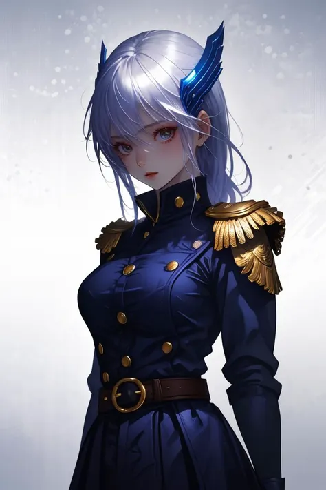 (Acclaimed Photo:1.3) of (Illustration:1.3) a photo of a woman, <lora:CHAR-KyoukaUzenV2:0.8> KyoukaUzen, hair ornament, military uniform, white gloves, epaulettes, belt, pleated skirt, black skirt, thigh boots,Highly Detailed,(Mono Color:1.3),(close portrait:1.3),(Feminine:1.4),(beautiful:1.4),(attractive:1.3),handsome,calendar pose,perfectly detailed eyes,studio lighting,thematic background, <lora:LCM_LoRA_Weights_SD15:1>