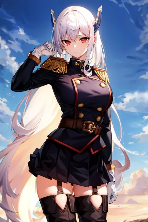 masterpiece, best quality, absurdres, perfect antomy, cowboy shot, standing, outside, Kyouka Uzen, military, military uniform, black skirt, pleated skirt, thigh boots, white gloves, belt, epaulettes