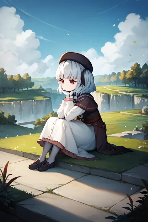 score_9, score_8_up, score_7_up, score_6_up, rating_safe, source_anime, best quality, masterpiece, detailed background, detailed eyes, stone path, trees, grass, sitting on stone, looking up, sunny, <lora:retzel-xl-05:1>, retzel, red eyes, small breasts, prima uniform, black beret, grey leggings, white gloves, parted lips, round mouth