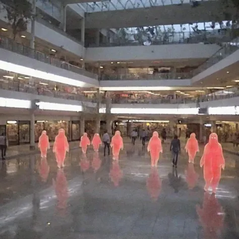 <lora:old_camera_vhs_footage_mix:1> old vhs cam recorder footage of a shopping mall infested with glowing red ghosts