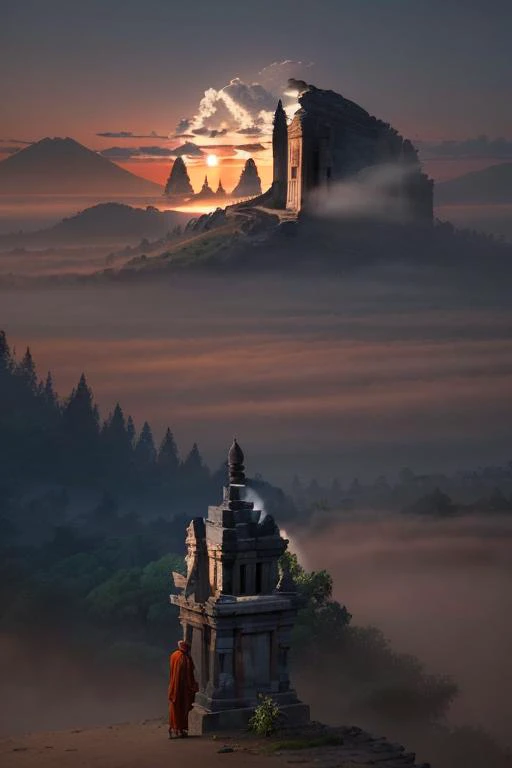 landscape,a monk in front of candijateng at dawn,epic,fog,temple stone,ornament,ornate,details,forest,dim light,mountain,<lora:ARWCandiJateng:1>  advntr,