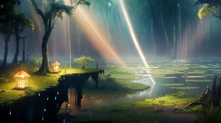 lightning (Freshwater Swamp, Aquatic vegetation and a wet canopy rainforest, god ray light beams:1.2), (Coastal Cliff, Steep drop-offs into the sea, a lighthouse glowing in the moonlight:0.8), dieselpunkai <lora:DieselPunkAI:0.6>