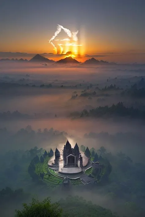 landscape,a monk in front of candijateng at dawn,epic,fog,temple stone,ornament,ornate,details,forest,dim light,mountain,<lora:ARWCandiJateng:1>  advntr,