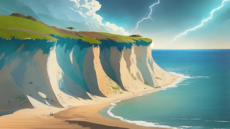 lightning  strike horizontally across the sky, (Coastal Dune, Sandy mound along a shoreline, sea oats waving under the sea breeze:1.2), (Fjord, Steep cliffs with cascading waterfalls, reflections on glass-like water under a clear sky:0.8),  Topnotch Artstyle <lora:Psychedelic Rooms - [Trigger Words are Topnotch Artstyle] - LoRA:0.6>