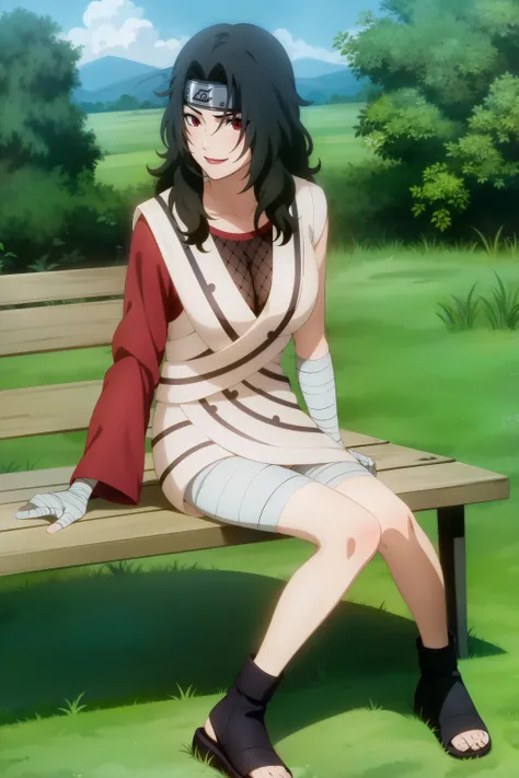 <lora:Kurenais-000040:1> ,single sleeve, solo, bandages, black hair, 1girl, forehead protector, long hair, toeless footwear,full body, bandaged hand,, konohagakure symbol, looking at viewer, makeup, lipstick, headband,red eyes, large breasts, anime screencap,outdoors, forest,grass,messy hair, (smile:1.1),sitting,bench,