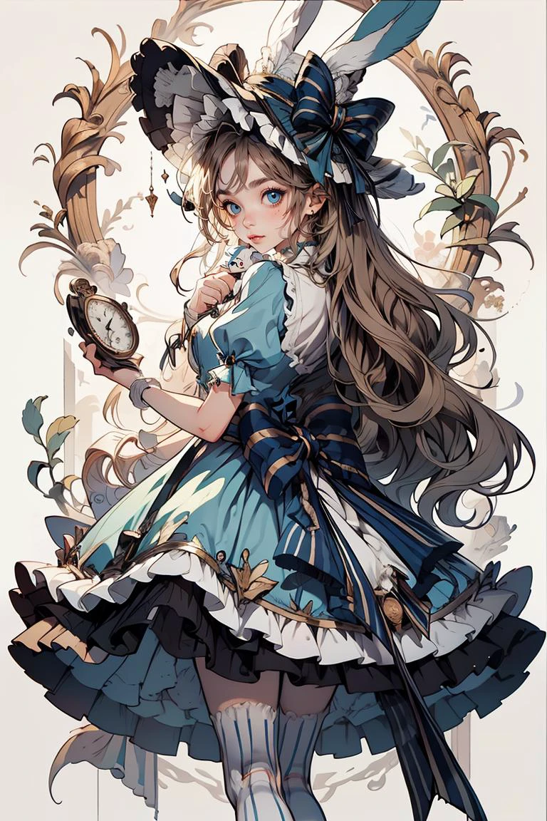 (masterpiece, best quality), 1girl, 22 years old, <lora:DressAliceLolita:0.6> BJD doll, blush, alice in wonderland, hat, blue dress, high socks,