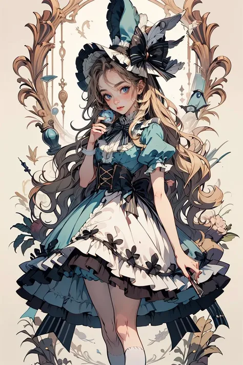 (masterpiece, best quality), 1girl, 22 years old, <lora:DressAliceLolita:0.6> BJD doll, blush, alice in wonderland, hat, blue dress, high socks,