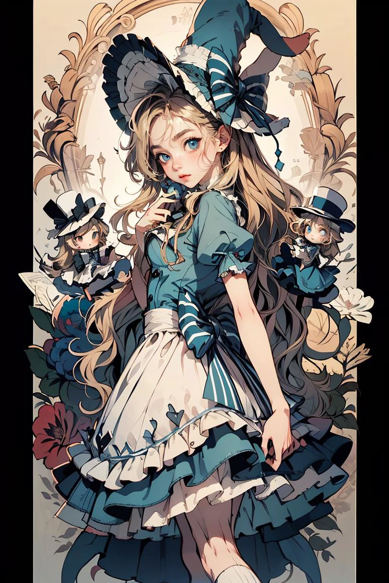 (masterpiece, best quality), 1girl, 22 years old, <lora:DressAliceLolita:0.6> BJD doll, blush, alice in wonderland, hat, blue dress, high socks,