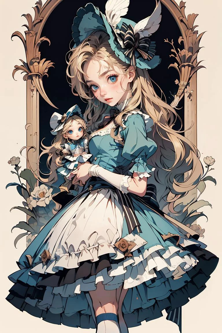 (masterpiece, best quality), 1girl, 22 years old, <lora:DressAliceLolita:0.6> BJD doll, blush, alice in wonderland, hat, blue dress, high socks,