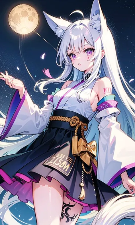 1girl, moon, bird, star_\(sky\), long_hair, starry_sky, (((white_hair))), animal, wide_sleeves, night, flower, night_sky, holding, very_long_hair, full_moon, looking_at_viewer, ribbon_trim, ribbon-trimmed_sleeves, long_sleeves, skirt, red_eyes, solo, japanese_clothes, sky,<lora:seeThroughSwimsuitAnd_seeThroughSwimsuitV1:1>,((medium breasts)),  (((Pornographic tattoo))),fox ears, fox tail, fox girl,