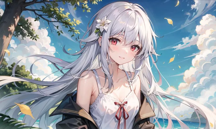 1girl,bare shoulders ,earrings,goldfish ,jewelry ,cleavage, hanfu,sash, underwater ,goldfish,white flower ,long_dress,red_eyes, looking at viewer ,sitting,head rest, white_hair,collarbone, <lora:seeThroughSwimsuitAnd_seeThroughSwimsuitV1:1>,long hair