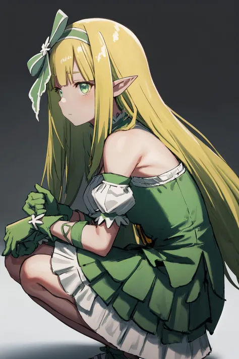 masterpiece, best quality, highres, 1girl hair ribbon green hairband pointy ears, yellow bow green dress bare shoulders detached sleeves clothing cutout skirt green gloves <lora:orphia:1> squatting, from side