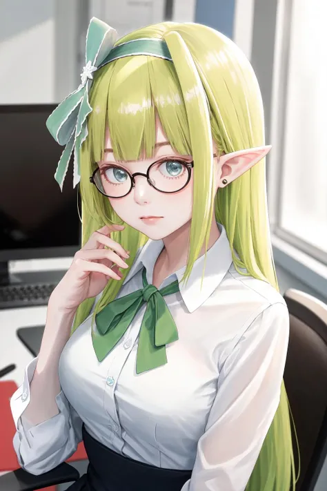 masterpiece, best quality, highres, 1girl hair ribbon green hairband pointy ears <lora:orphia_no_outfit:1> white shirt, office lady, glasses