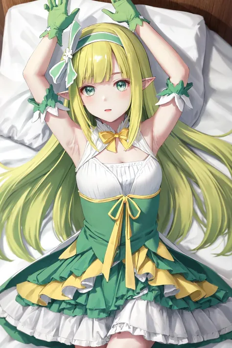 nsfw,((One man and one woman,Having sex)),Lying down,Lift both legs,Small breasts,Bare Breasts,hair ribbon green hairband ,pointy ears,yellow bow green dress bare shoulders detached sleeves clothing cutout skirt green gloves,Ahegao