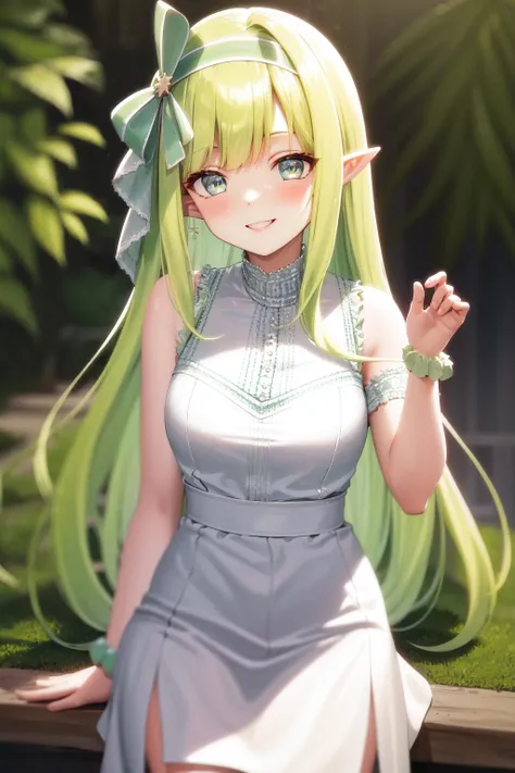 masterpiece, best quality, highres, 1girl hair ribbon green hairband pointy ears <lora:orphia_no_outfit:1> white dress, smile