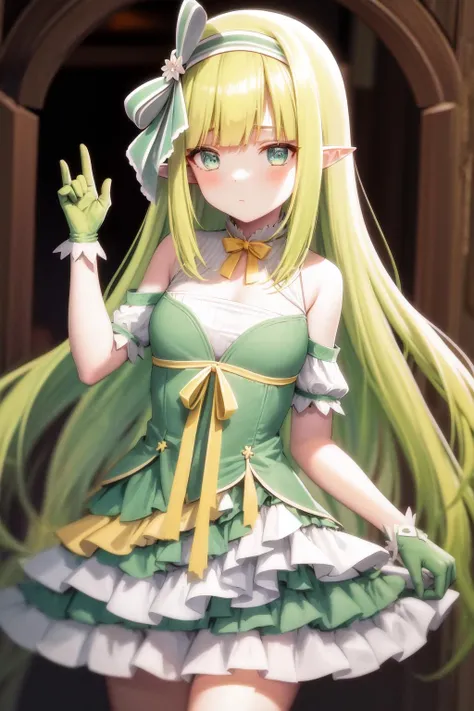 masterpiece, best quality, highres, 1girl hair ribbon green hairband pointy ears, yellow bow green dress bare shoulders detached sleeves clothing cutout skirt green gloves <lora:orphia:1>