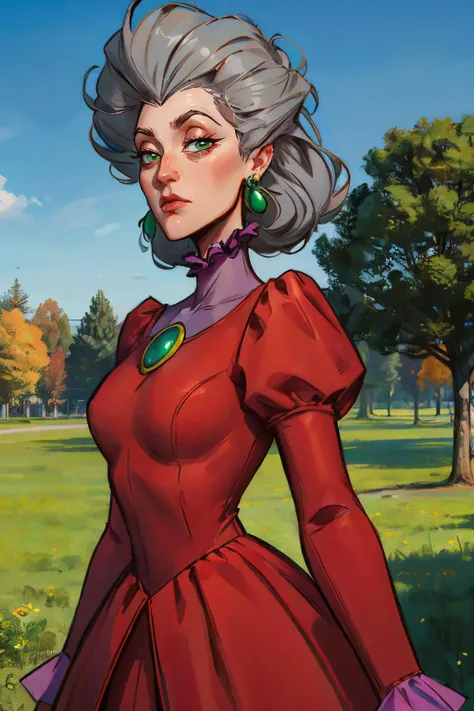 tremaine, green eyes, grey hair, large hair,eyeshadow,red dress, puffy long sleeves, green gem, small earrings, frills, looking at viewer, serious, standing, outside, park, trees, blue sky, high quality, masterpiece, <lora:ladytremaine:.7>