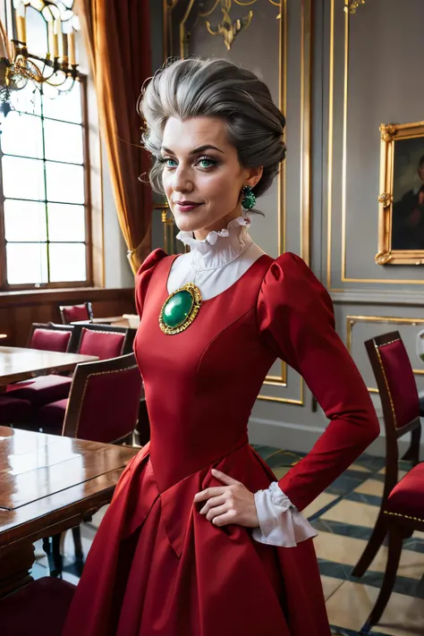 tremaine, green eyes, grey hair, large hair,eyeshadow,red dress, puffy long sleeves, green gem, small earrings, frills, looking at viewer, serious, smirk, standing, inside dining room, warm ambiance, high quality, masterpiece, <lora:ladytremaine:.8>