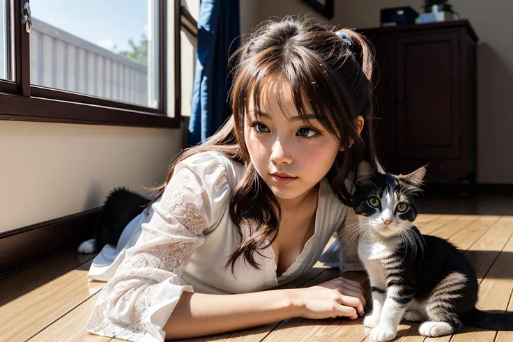 <tanakareina> beautiful portrait of a girl lying on the floor wearing a white dress playing with a kitten, sunbeam through window, realistic detailed skin texture, taken with fujifulm xt4 dslr maximum quality raw photo, golden hour sunlight