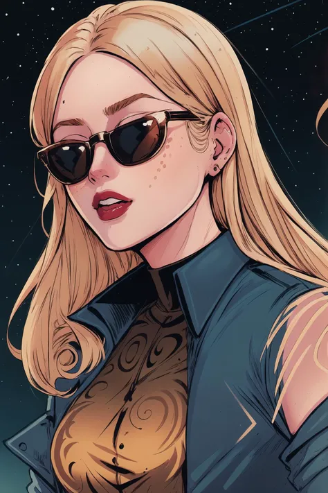by Bruno Ferreira, comic style, flat color, (woman with flowing blonde hair, bttrfrckl:1.2), hazel eyes, blue sunglasses, wearing a luxury blue jacket and a black shirt, night sky, glamorous, elegant, flowing hair, a beauty, red lips, contrast of colors, sexy, bright colors <lora:pop_art_dataset: .8>