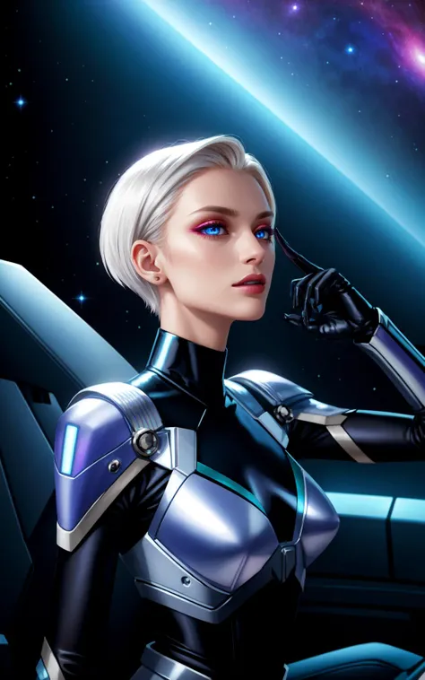 (over the shoulder:1.1), still,side view, spaceship cockpit, beautiful young skinny auburn caucasian adult woman sitting in spaceship cockpit looking over shoulder at viewer, glowing holographic instruments,(beautiful face:1.11),from behind, smart fabric jumpsuit:1.3,lightweight structured jacket with sharp geometric lines, utility belt, knee-high boots, fingerless gloves,(medium spaceship cockpit with highly polished flooring and stellar view),backlit hair,perfect face,(pale freckles:0.6),(black and silver accents),perfect eyes,(studio lighting:0.3),low key, thin pouting lips,(white bob hair, ombre++ hair:1.2),wide set soft+ turquoise++ eyes, skin pores,(small retrousse nose:1.2), (pale skin),ultra detailed,(Intricate Environment)++,best quality, masterpiece, dramatic angle, highest detailed face,eyelid shimmer makeup,silver eyeshadow,iridescent cheekbones,muted rose lips,deep space blue, BREAK, starlight silver, nebula pink, and black hole black, planetary rings, asteroid clusters, geometric shapes, angular contours,Holographic control panels, chiaroscuro effects, reflective surfaces, star-filled skies, distant galaxies,Chrome finishes, brushed steel, shimmering surfaces, iridescent materials, Minimalist design, clean lines, modernistic details,8k,best quality,masterpiece,(medium breasts:0.9) (masterpiece:1.2)