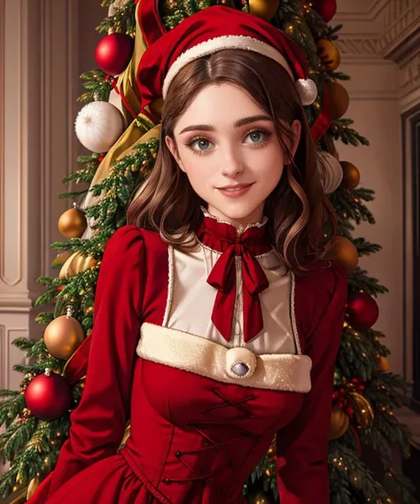 RAW, 50mm f 1.2, full body photograph or gorgeous fit, thin  n4t4l14d, face ,   wearing a red Victorian dress posing in front of ((Christmas tree)) in large Victorian Room, fireplace, eye contact, flirty smile, hyperdetailed 
<lora:n4t4l14d:1>