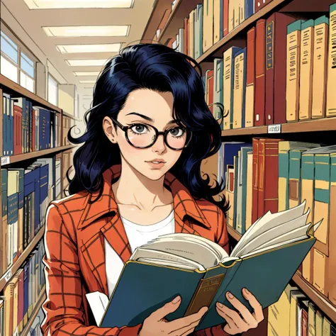 <lora:History_of_Rock_v2-000050:1> histr0ckstyle, a young woman wearing glasses reading a book in a library