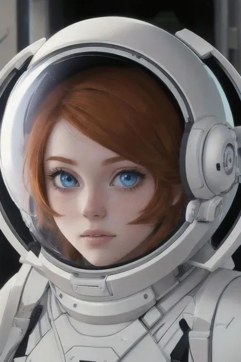 photo of a ginger woman, in space, futuristic space suit, (freckles:0.8) cute face, sci-fi, dystopian, detailed eyes, blue eyes