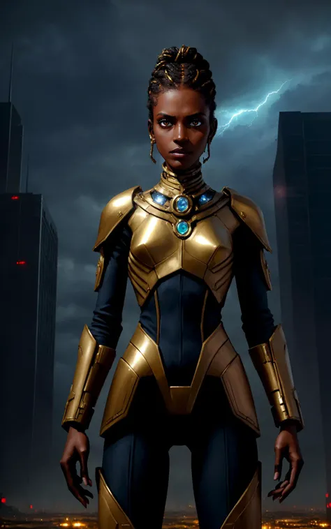 (style of Annie Leibovitz),(intense dramatic lighting),((dark-skinned woman in sci-fi military-style uniform standing in front of mechatank)),sharp angles,embellished with intricate gold braiding and medals,commanding posture,(dystopian cityscape in the background),ominous clouds,deep shadows,sense of urgency and power, (masterpiece:1.2)