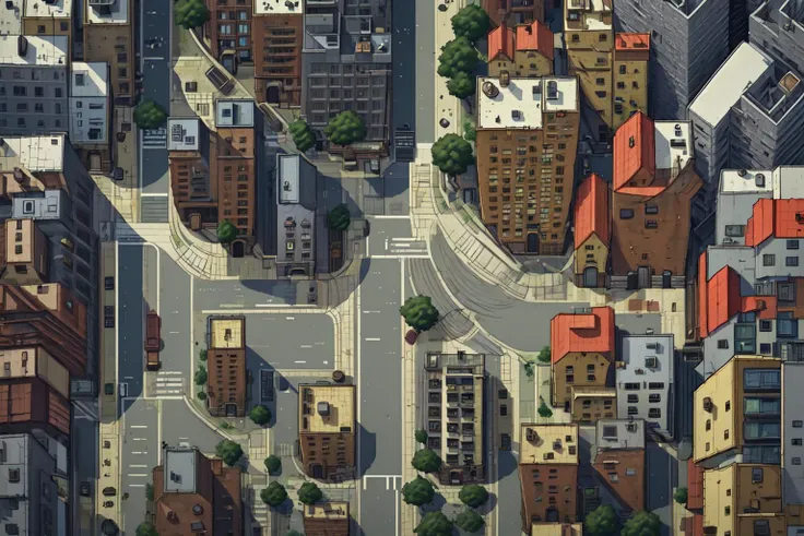 <lora:2D游æåºæ¯_å¤å¶:1> urban streets, city buildings, apartments, flat roofs