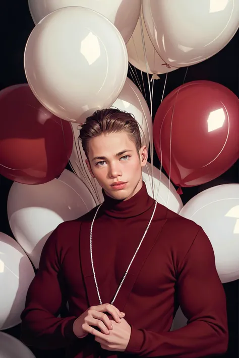 a cinematic fashion portrait photo of  male matthew_rush <lora:matthew_rush-07:0.75> from the 60s wearing a red turtleneck standing in the middle of a ton of white balloons, dramatic lighting, taken on a hasselblad medium format camera