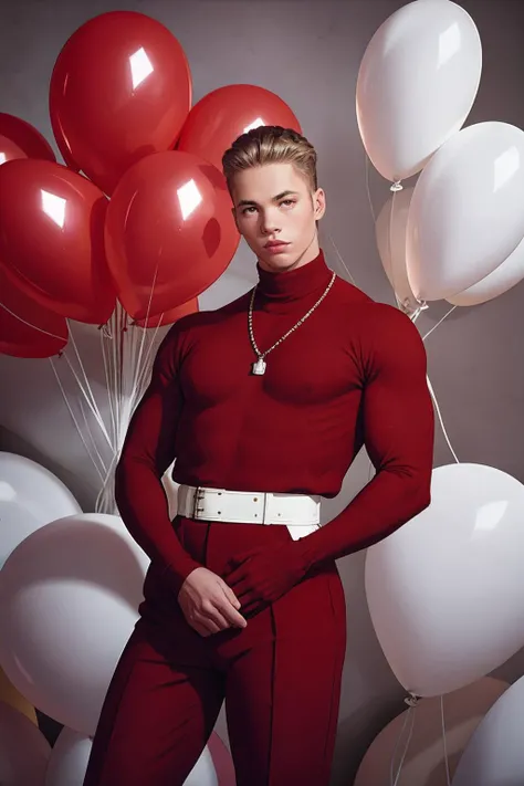 a cinematic fashion portrait photo of matthew_rush <lora:matthew_rush-07:0.75> from the 60s wearing a red turtleneck standing in the middle of a ton of white balloons, dramatic lighting, taken on a hasselblad medium format camera