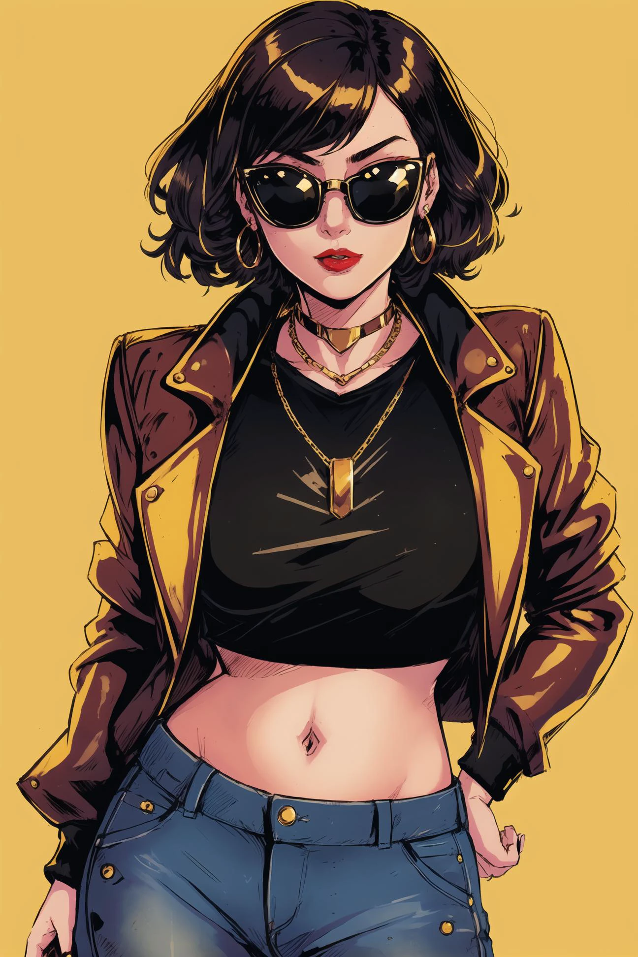 by Bruno Ferreira, comic style, flat color, portrait of a woman, dark short hair, with multichromatic yellow sunglasses, black leather jacket and jeans, necklace around the neck, flowing hair, a beauty, red lips, gold earring, contrast of colors, sexy, bright colors <lora:pop_art_dataset: .8>
