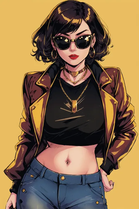 by Bruno Ferreira, comic style, flat color, portrait of a woman, dark short hair, with multichromatic yellow sunglasses, black leather jacket and jeans, necklace around the neck, flowing hair, a beauty, red lips, gold earring, contrast of colors, sexy, bright colors <lora:pop_art_dataset: .8>