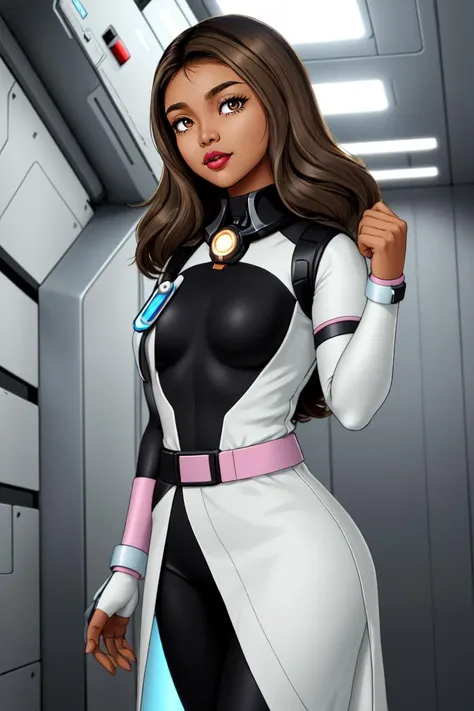 the year 2050,a cute Filipina space nurse with light brown skin,(dark-skinned female:1.1),age 20-years-old,slim figure and small breasts,with mid-length black and brunette hair highlights,dimples,slightly parted lips,(soft pink lipstick),Almond-shaped hazel eyes,(standing in medical bay)