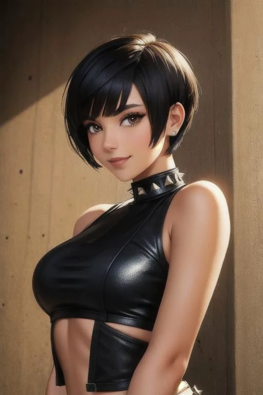 spiky bald hairstyle, short hair, mexican skin, gloves, crop top military, 1girl ,dark black hair, ((hair cut super short,)), soft Brown eyes, smile lips,