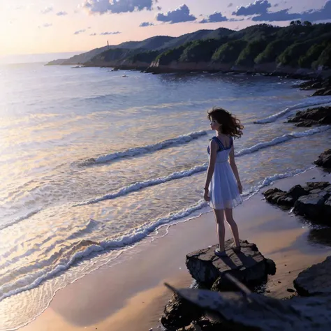 <lora:blues_20240115150616-000018:1> blues, 1girl, standing on a rock outcropping looking at the ocean at sunset