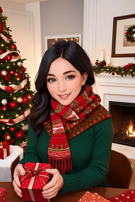 A woman with sparkling eyes and a warm smile sits surrounded by Christmas decorations, eagerly opening a gift. Inside, she finds a meticulously crafted scarf, its intricate patterns and vibrant colors reflecting her artistic spirit. A sense of pride and gratitude fills her heart as she realizes that this gift is a reflection of her own creativity