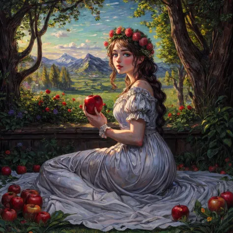 RAW photo, 8k uhd, Analog style, (Masterpiece, Best Quality, Highres:1.3), dramatic, cinematic, BREAK,
(oil painting:1.3) by (Peter Paul Rubens:1.2) and (Claude Monet:1.2) of (corpulent:1.1) (woman:1.2) sitting in (garden of Eden:1.2), (holding apple:1.2), white (chiton:1.2), (apples:1.3), (trees:1.2), (ancient:0.5) (ruins:1.05), cute face, blue eyes, braids, (flower wreath:1.1), (bed sheet:1.15), (godrays:1.2), (shine:1.1), (mountain:1.1), (fluffy cloud:1.2), (painting, renaissance, romanticism scene:1.12), (hyperdetailed, absurdres:1.1), BREAK,
<lora:more_details:0.85>,