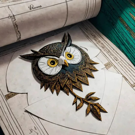 RAW photo, 8k uhd, Analog style, (Masterpiece, Best Quality, Highres:1.3), dramatic, cinematic, (paper-cut craft:1.3), BREAK,
intricate (paper-cut craft:1.4) of mysterious intricate ornamented (owl:1.4), (beige square photo-frame:0.7), circle mask, (forest, mountain:1.3), (winter, moon:0.5), (green, blue, brown, white:1.1), (black, gold:0.8), (paper-cut craft, colorful, layers, flat, fabulous, children's book:1.2), cardboard, bronze, (hyperdetailed, absurdres:1.1), BREAK,
<lora:more_details:0.1>