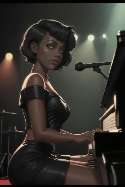 
 ( <lora:Blazens_girl_Roxanne:1>"Blazens_girl_Roxanne",Dark skin female, )Female playing  piano, on stage at a night club . [ scene 1940s], [cinematic warm lighting ],[vintage clothing], [short hair style],cinematic vintage Hollywood film style

