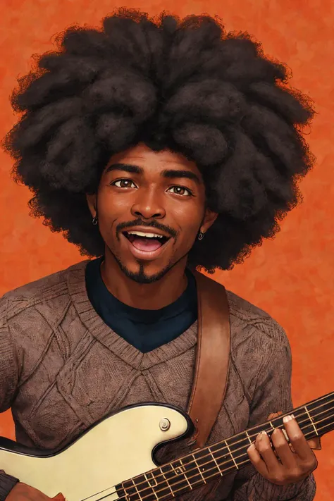 close-up photo portrait of a 45 yo african man, black afro hair, stubble, brown eyes, excited face expression, singing, red bass guitar, blue sweater, black bluesman, simple background