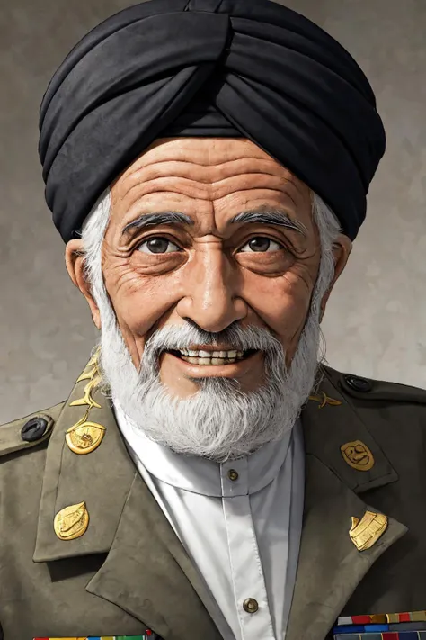 close-up photo portrait of a 80 yo aged Arab man, short grey hair, beard, black eyes, joyful face expression, turban, holding ak-47, military, simple background