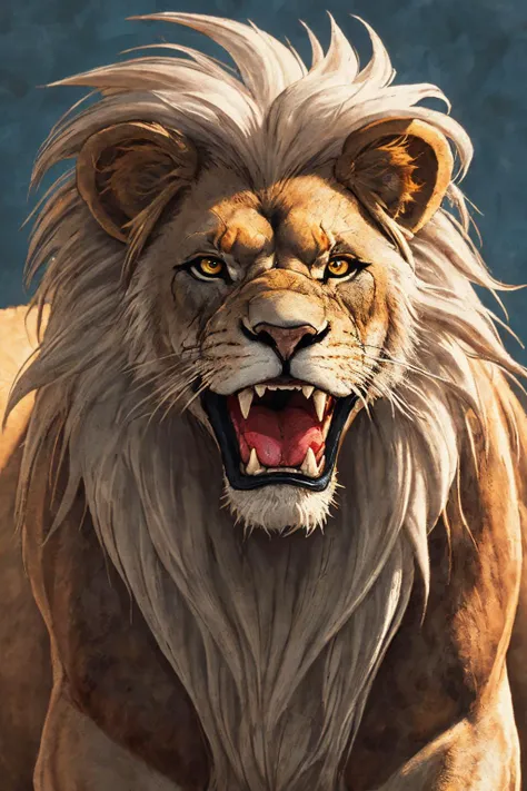 close-up photo portrait of a great red lion, blue eyes, very long lion's mane, roaring, open mouth, fangs, animal, no humans, simple background