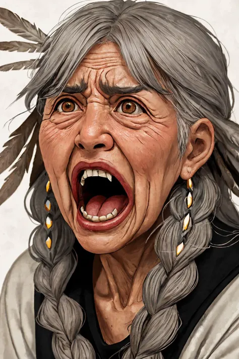 close-up photo portrait of a 100 yo old native american woman, grey hair, brown eyes, screaming face expression, twin braids, warbonnet, feathers, tribal, simple background
